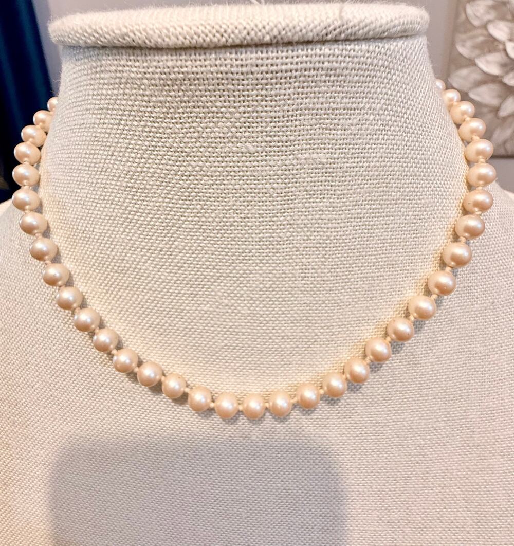 Vintage Monet Faux Pearl Necklace – 16” Signed Gold Tone Monet